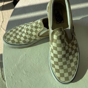 Vans Tan and Cream Checkered Slip-Ons